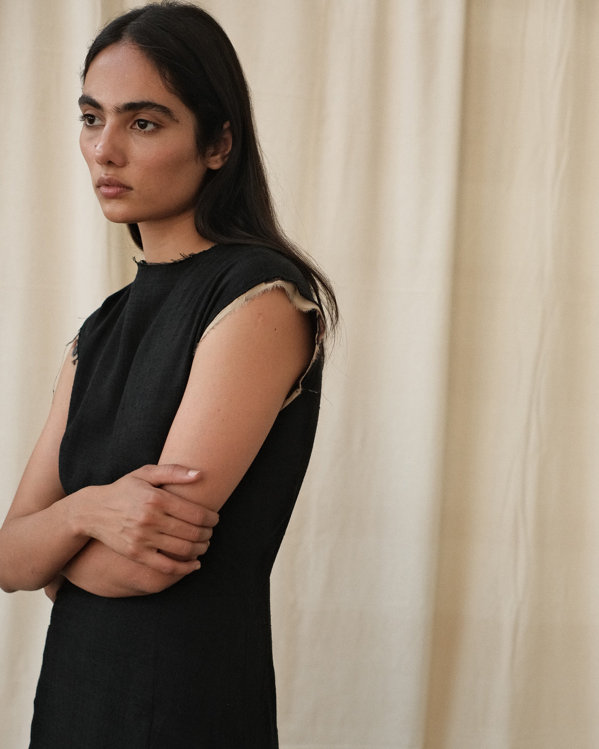 RAW EDGE PLEATED DRESS