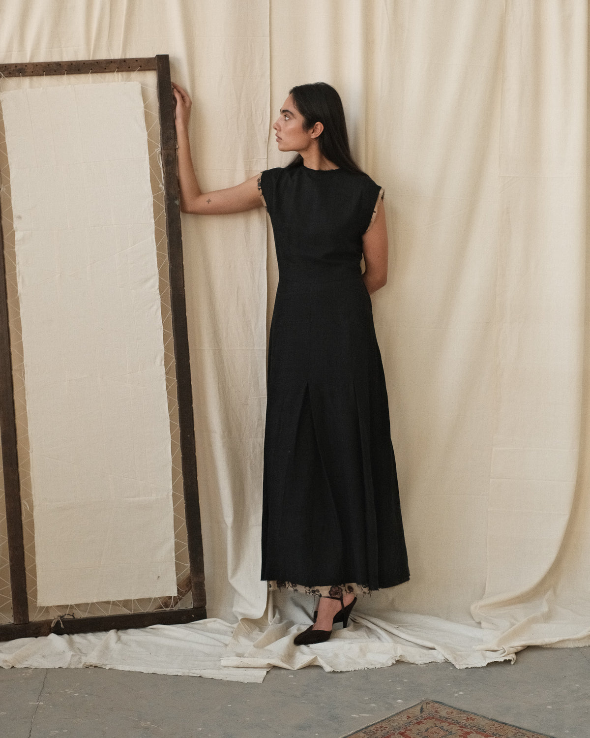 RAW EDGE PLEATED DRESS